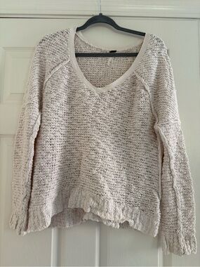 Free People Cream V-Neck Textured Knit Sweater